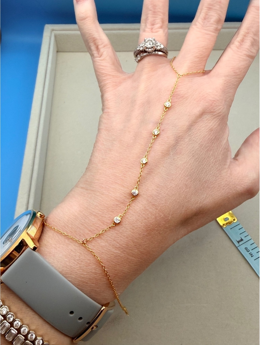 14k Gold on Sterling Silver hand chain bracelet ring